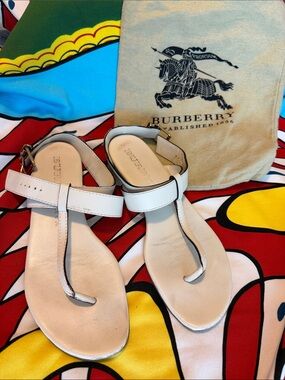 Burberry White Leather T-Strap Ankle-Buckle Sandals